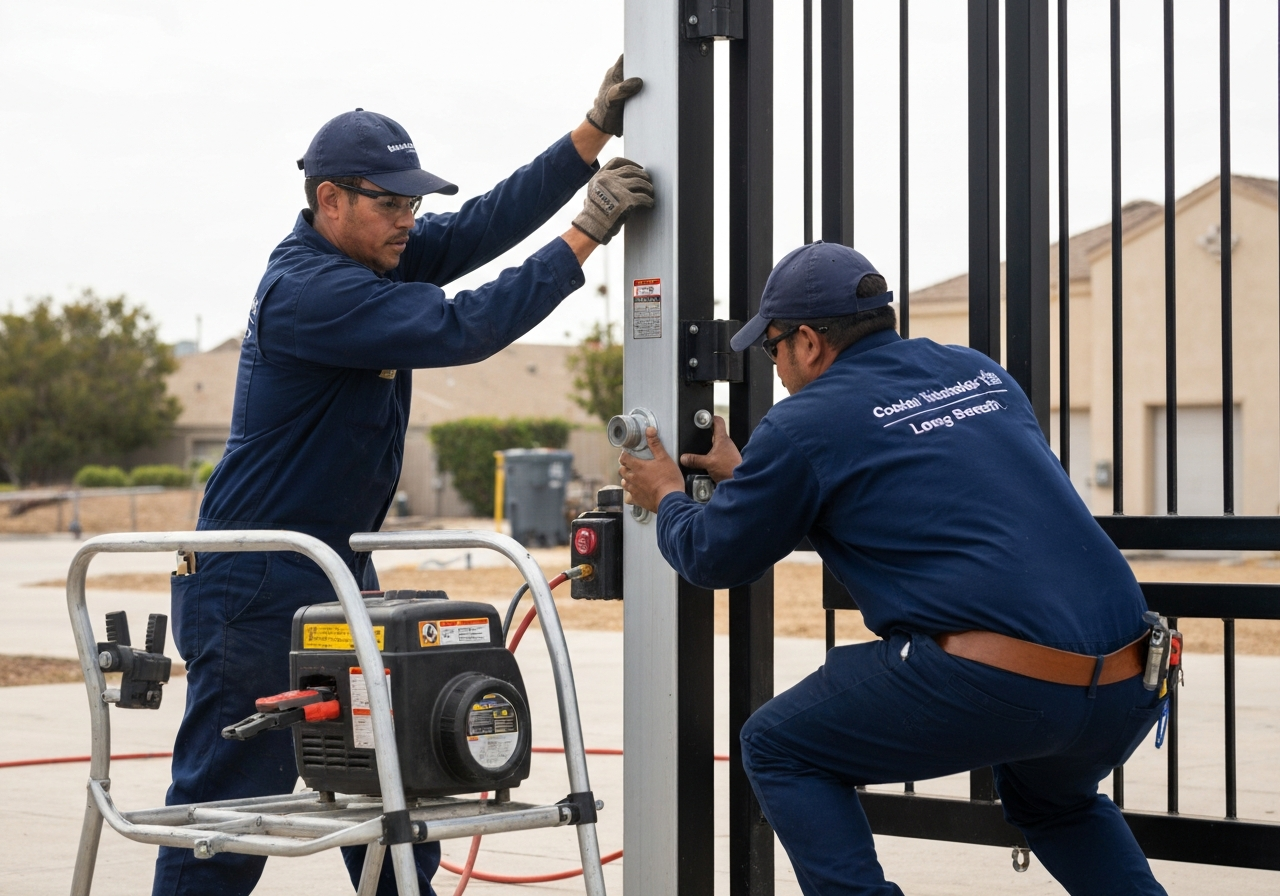 Technicians installing a large black metal gate post