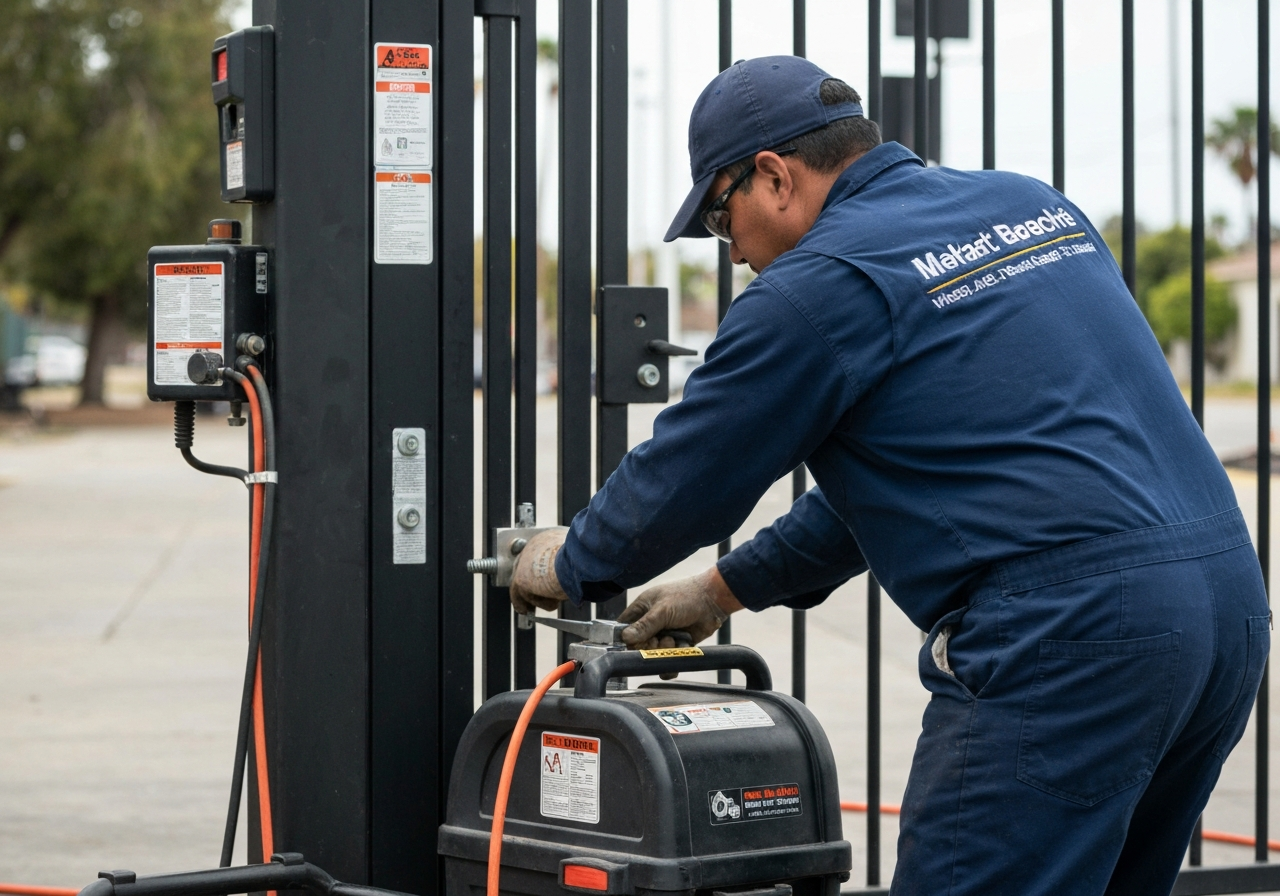 Gate repair professional working on a gate mechanism in Long Beach, CA