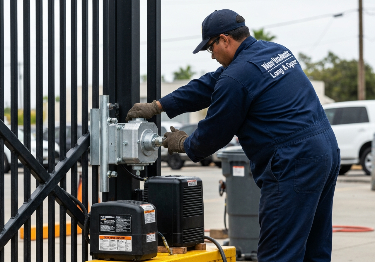 Gate motor and opener repair technician working on a gate mechanism